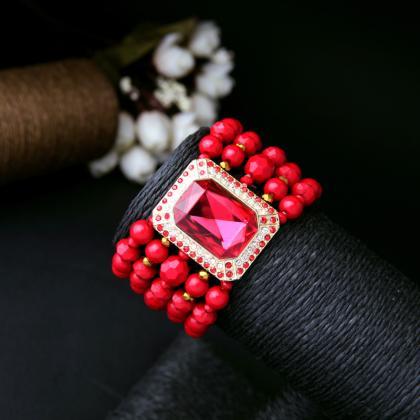 Nigeria Costume Jewelry Wide Multilayer Beads Ruby..