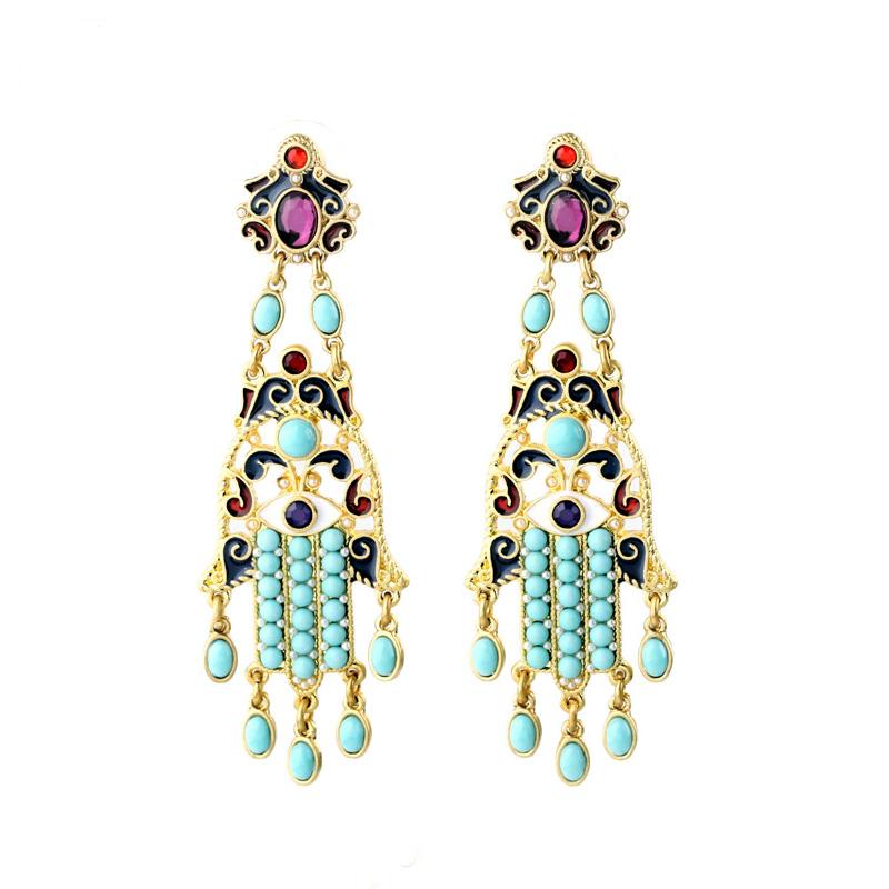 Design Ethnic Style India Jewelry Enamel Printing Long Drop Earrings Maxi Brinco Eh005