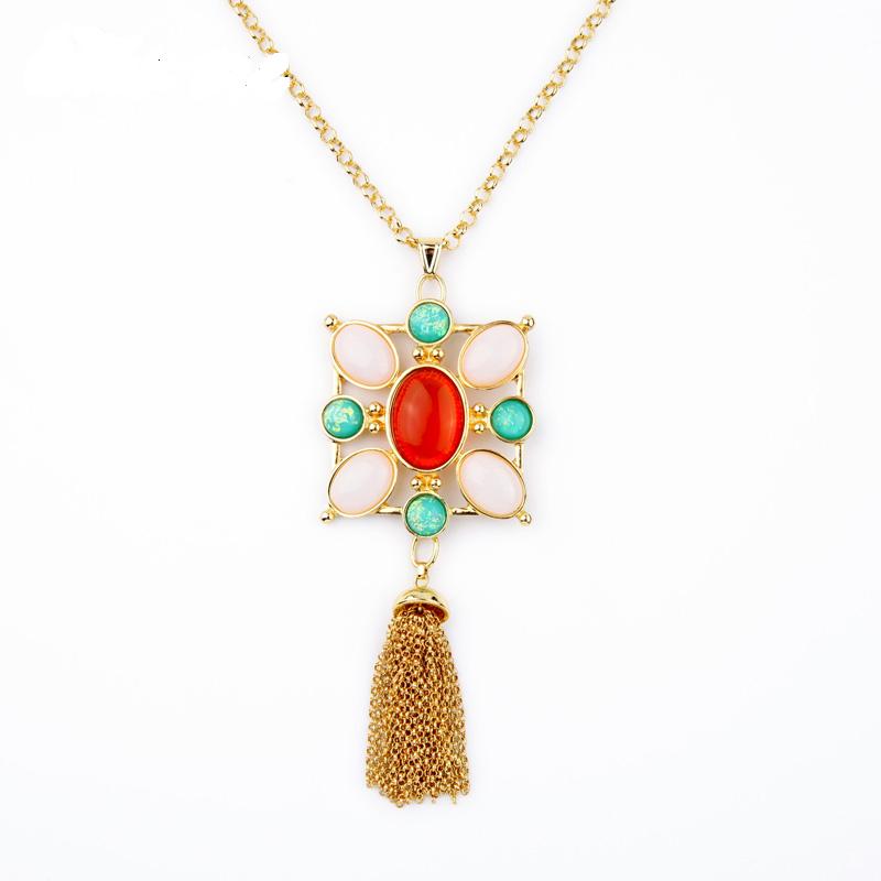 Alloy Long Fashion Colorful Imitation Gems Flower Pendant Necklace Nl007