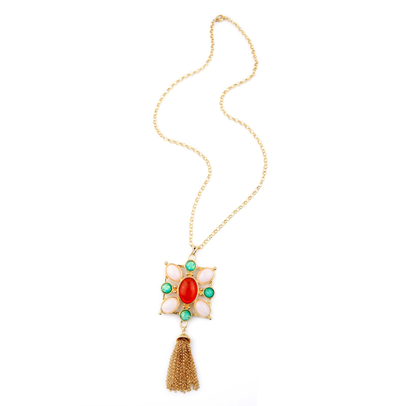 Alloy Long Fashion Colorful Imitation Gems Flower Pendant Necklace ...