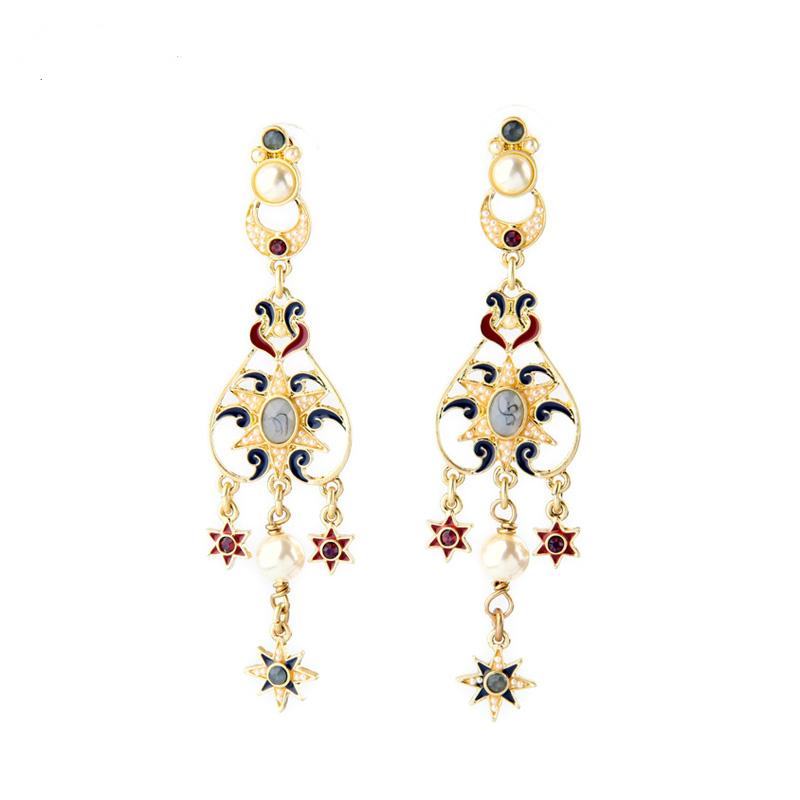 Long Gold Plated Classical Fashion Enamel Star Drop Earrings Eh070
